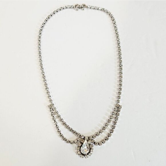 Vintage Mid Century Art Deco Teardrop Draped Clear Studded Rhinestone Necklace - Picture 1 of 10